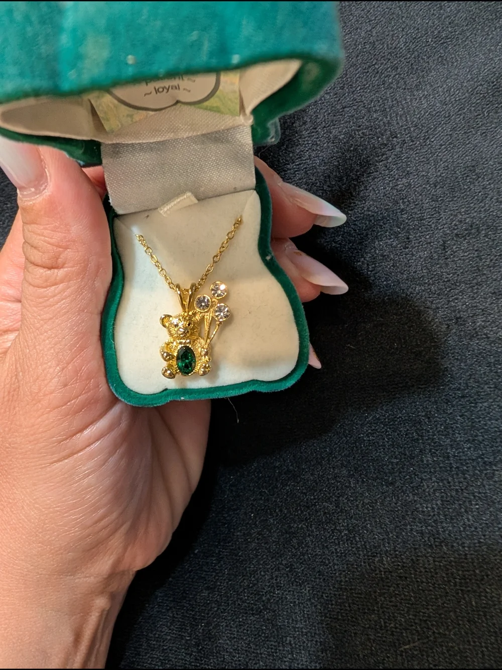 Gold-Tone Teddy Bear Pendant Necklace with Emerald Accent